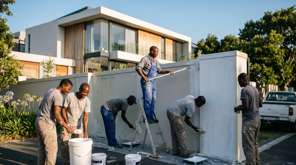 Professional team painting a boundary wall at a modern home in Hillcrest