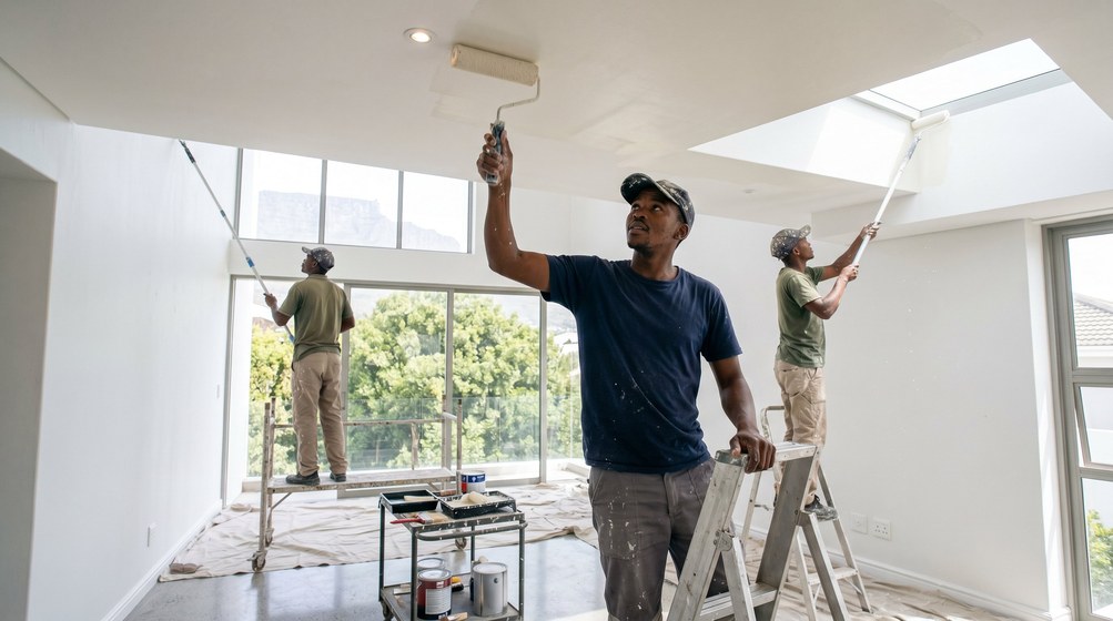 Professional ceiling painters rolling white paint onto a high ceiling in Hillcrest
