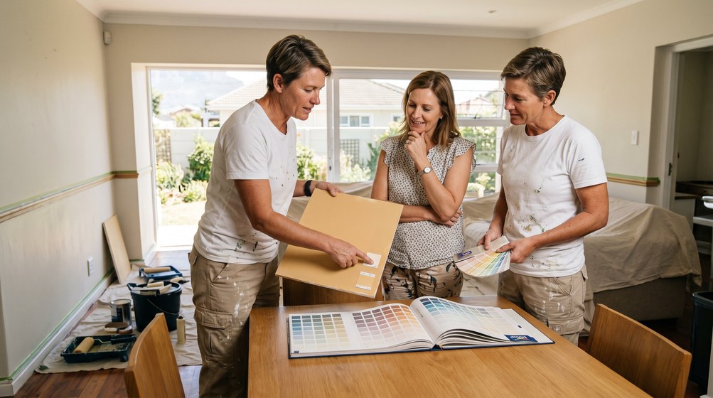 Professional colour consultant showing paint swatches to a homeowner in Hillcrest