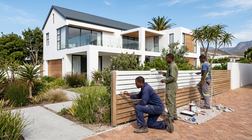 Professional fence painters painting a wooden fence at a Hillcrest home in Hillcrest