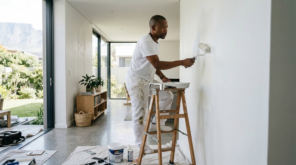 Professional interior painter in Hillcrest painting walls with a roller