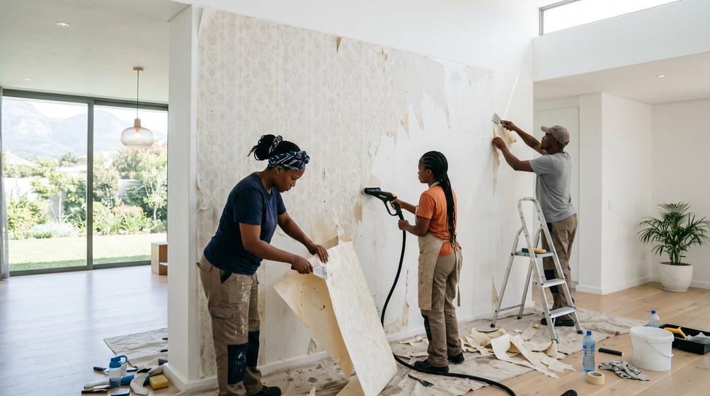 Professional wallpaper removal team stripping old wallpaper in a Hillcrest home