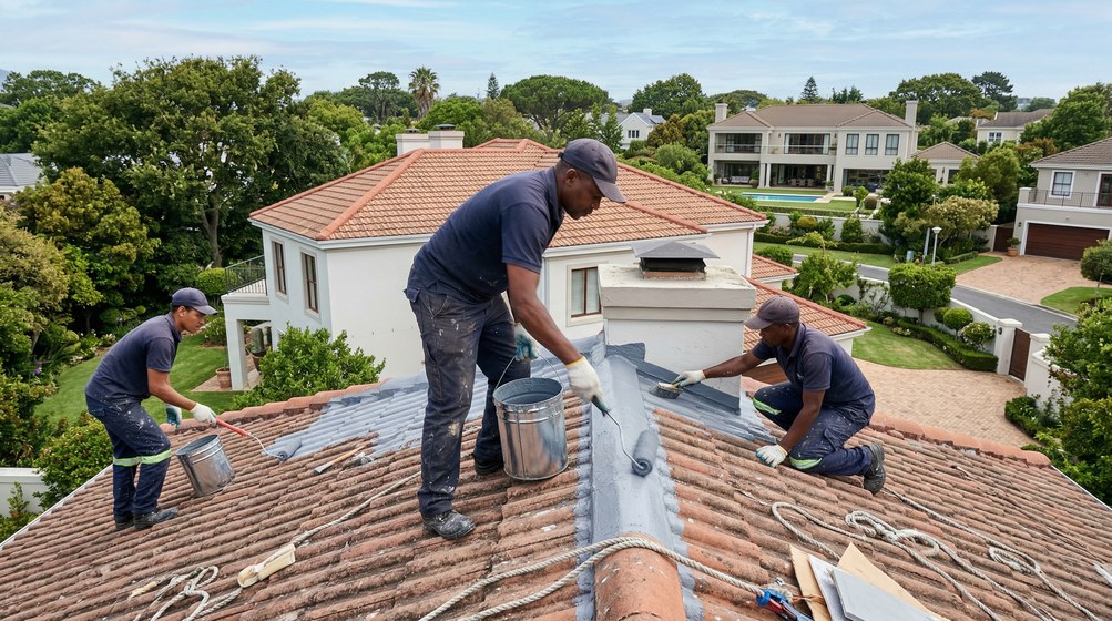 Professional waterproofing team applying membrane to roof in Hillcrest