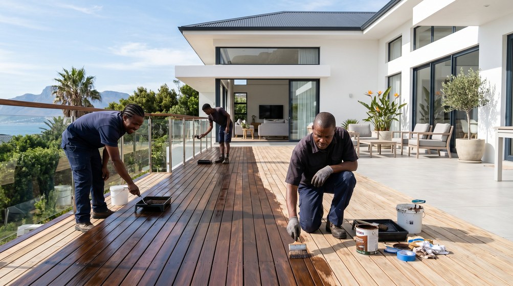 Professional wood staining team applying deck stain overlooking the ocean in Hillcrest
